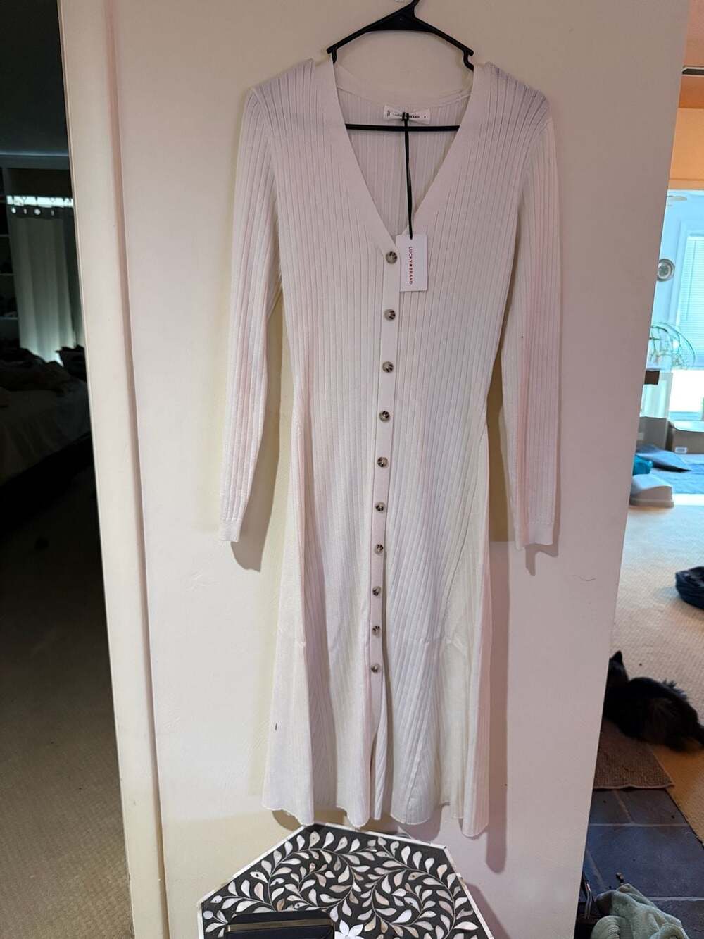 NWT Lucky Brand Women’s M Ivory Ribbed Button Front Midi Maxi Sweater Dress